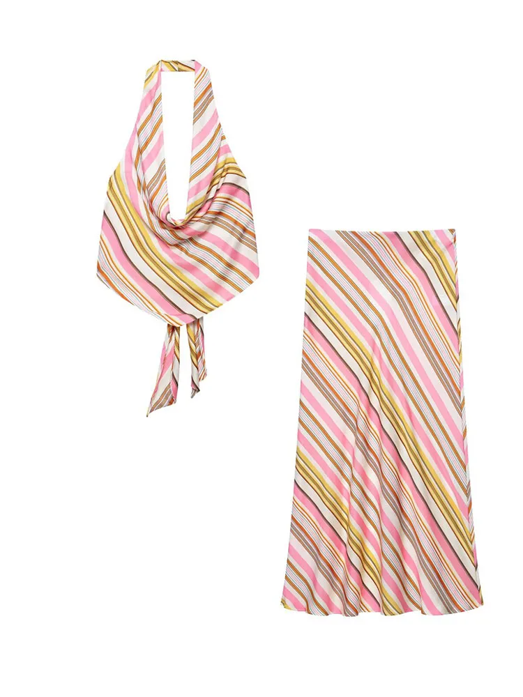 HH Women Summer Spring Coquette Pink Stripe Halter Top Spring Silk Scarf Style Long Midi Skirt Co Ord Set For Daily Wear
HH Women Summer Spring Coquette Pink Stripe Halter Top Spring Silk Scarf Style Long Midi Skirt Co Ord Set For Daily Wear
