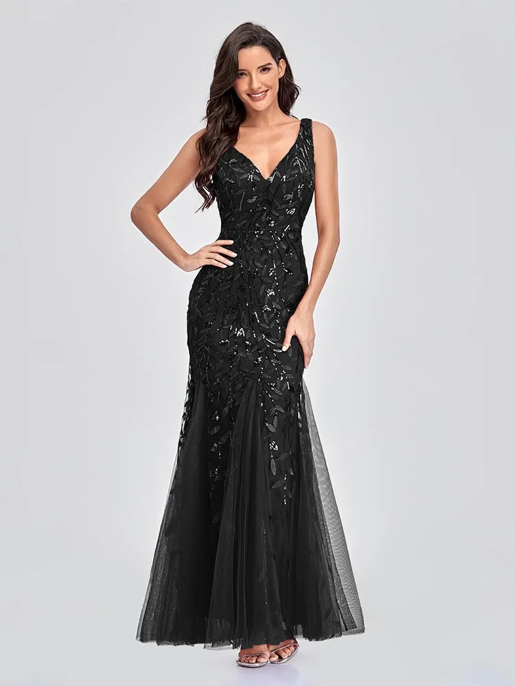 European and American Evening Dress vSheer Embroidered Sequin Ball Gown Women's Formal Dress
European and American Evening Dress vSheer Embroidered Sequin Ball Gown Women's Formal Dress