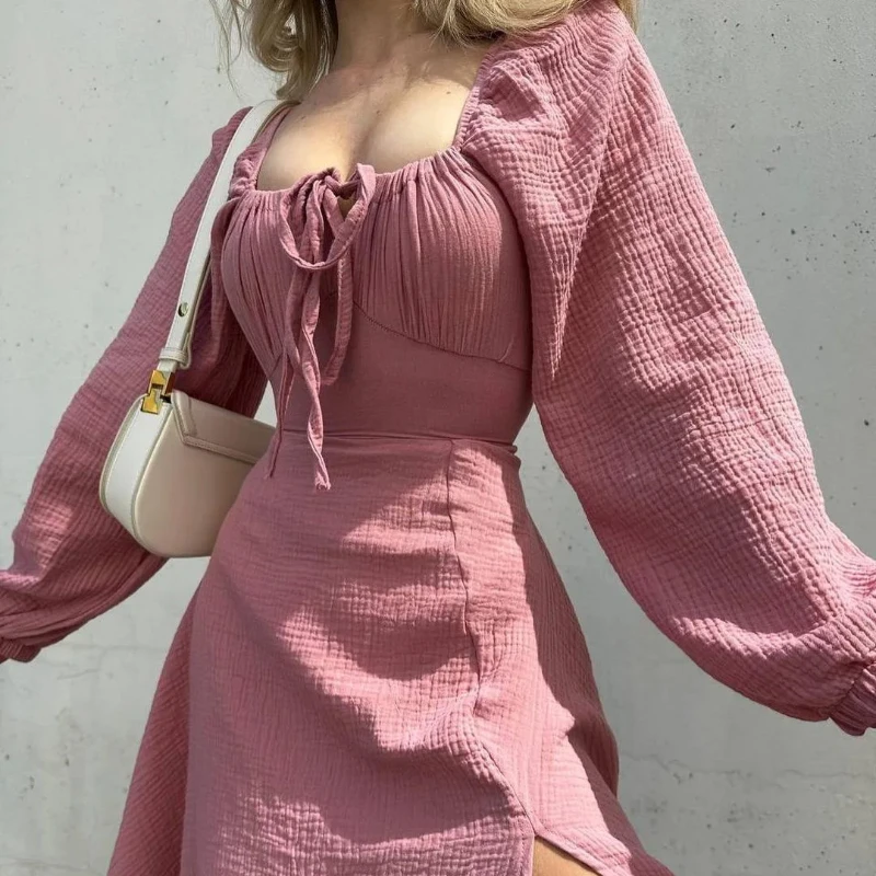 Autumn Women Square Slit Collar Sexy Dress Lantern Sleeve Solid Cotton Slit Robe Femme Fashion Streetwear Ladies Midi Dresses
Autumn Women Square Slit Collar Sexy Dress Lantern Sleeve Solid Cotton Slit Robe Femme Fashion Streetwear Ladies Midi Dresses