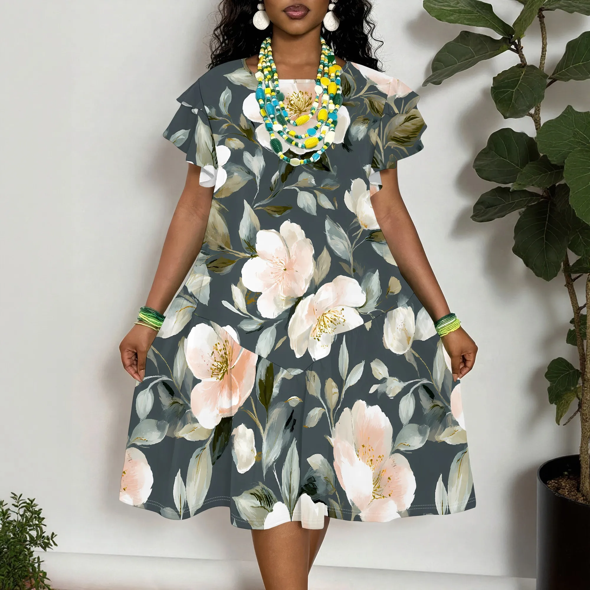 Women's Floral Print Short Sleeve Dress, Elegant A-Line Midi Dress with Ruffle Sleeves for Casual Summer Wear
Women's Floral Print Short Sleeve Dress, Elegant A-Line Midi Dress with Ruffle Sleeves for Casual Summer Wear