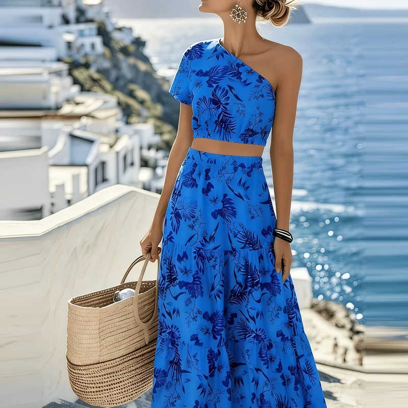 Asymmetrical Leaf Print Casual Two-piece Set Sexy Hollow Backless Outfits Ladies Diagonal Collar Top with Long Skirt Beach Suit
Asymmetrical Leaf Print Casual Two-piece Set Sexy Hollow Backless Outfits Ladies Diagonal Collar Top with Long Skirt Beach Suit