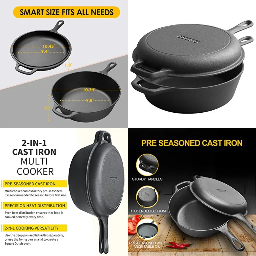2-in-1 Pre-Seasoned Cast Iron Dutch Oven Pot with Skillet Lid Set, 10 Skillet Pot for Cooking, Baking, Frying and Camping
2-in-1 Pre-Seasoned Cast Iron Dutch Oven Pot with Skillet Lid Set, 10 Skillet Pot for Cooking, Baking, Frying and Camping