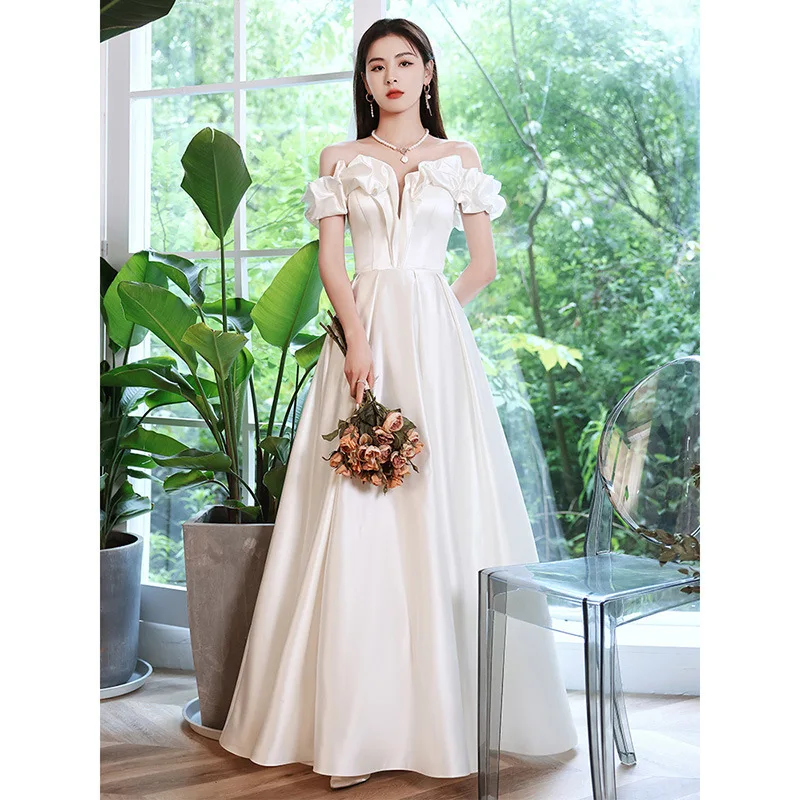 Satin Light Wedding Dress Temperament Off Shoulder Long Sleeveless Banquet Hosting Party Graduation Evening Dress Customized
Satin Light Wedding Dress Temperament Off Shoulder Long Sleeveless Banquet Hosting Party Graduation Evening Dress Customized