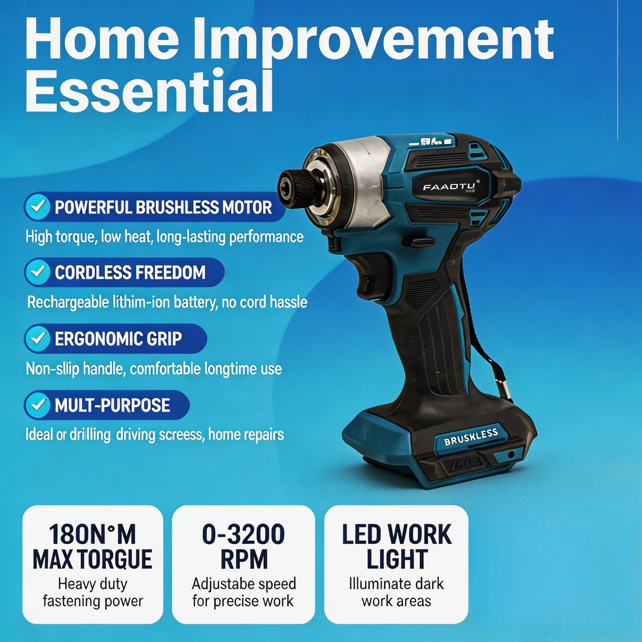 FAAOTU173 Brushless Power Driver -Equal to MT Quality, Efficient for All Fastening Tasks Compatible with MT batteries NO battery
FAAOTU173 Brushless Power Driver -Equal to MT Quality, Efficient for All Fastening Tasks Compatible with MT batteries NO battery