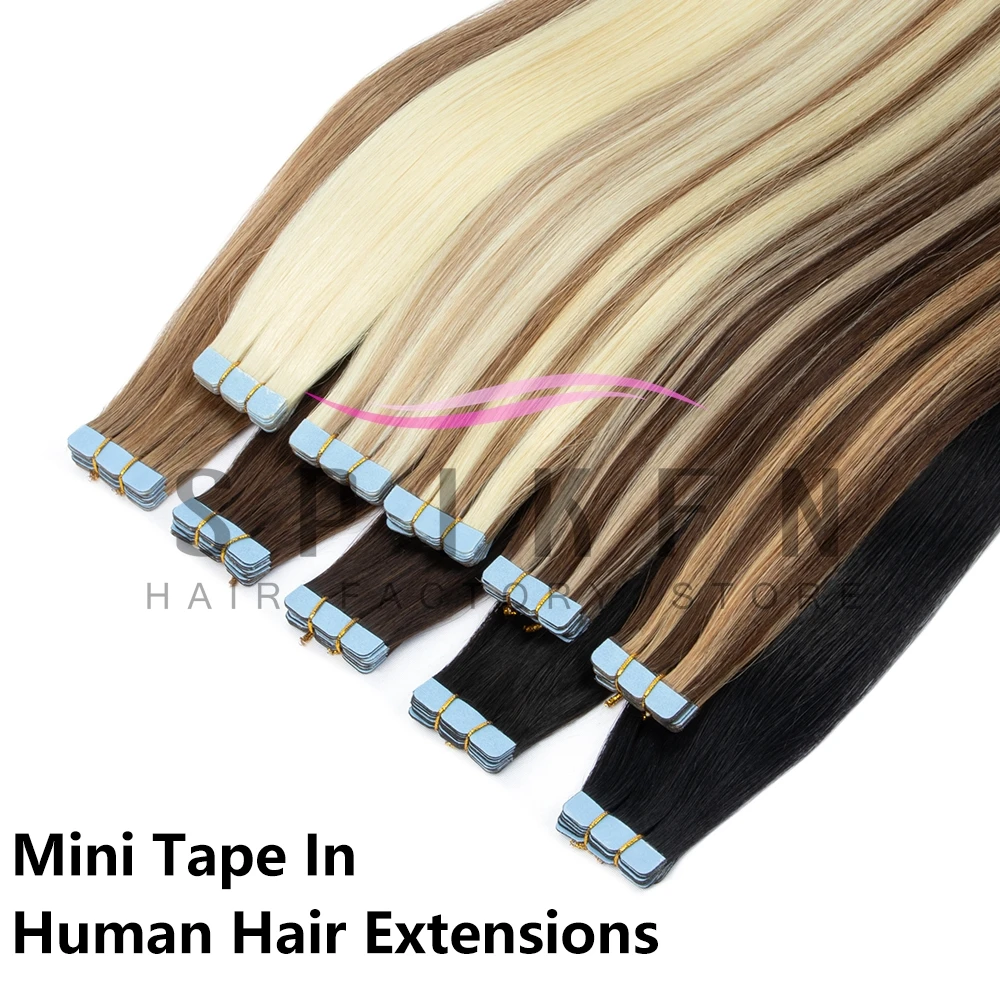 SPIKEN Mini Tape In Human Hair Extensions 12"-24" Machine Remy Skin Weft Adhesive Tape Hair Tape Ons 10pcs/pack