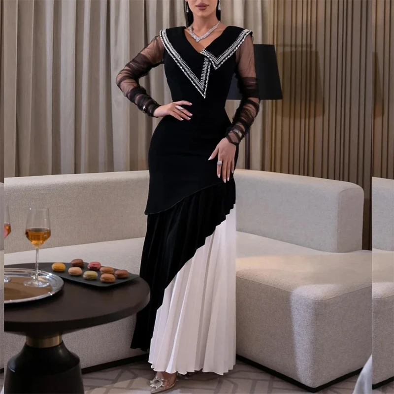 Sexy Black V-Neck Formal Evening Dresses Lace Long sleeves Pleat Prom Dresses Customized robe soirée
Sexy Black V-Neck Formal Evening Dresses Lace Long sleeves Pleat Prom Dresses Customized robe soirée