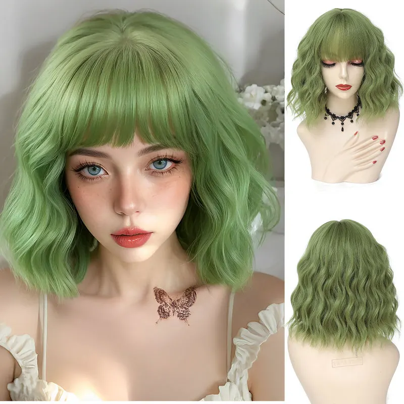 European American women's short curly hair wig with bangs and water wave pattern
European American women's short curly hair wig with bangs and water wave pattern