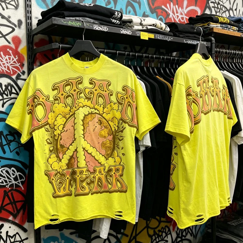 Summer DUAA Tshirts Vintage Distressed Hole Earth Print Yellow Short Sleeve Rhinestone Letter Cotton Tops Men Women Streetwear
Summer DUAA Tshirts Vintage Distressed Hole Earth Print Yellow Short Sleeve Rhinestone Letter Cotton Tops Men Women Streetwear