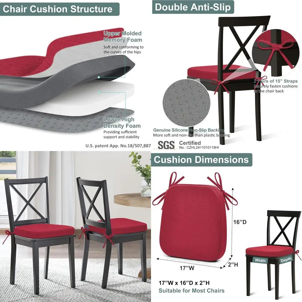 Набор из 4 подушек для обеденного стула из пены с эффектом памяти и стяжками, моющиеся чехлы, 17x16x2 дюймов, бордовый
Набор из 4 подушек для обеденного стула из пены с эффектом памяти и стяжками, моющиеся чехлы, 17x16x2 дюймов, бордовый