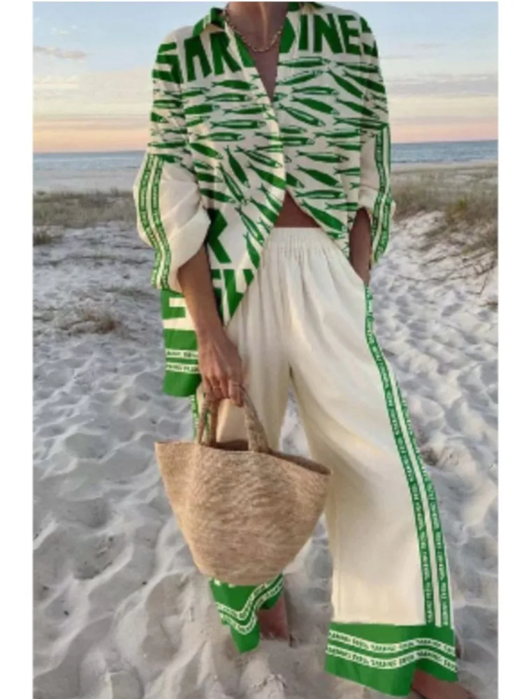 Women Fashion Printed Pants Sets 2025 Summer New Long Sleeve Single-breasted Shirts And Wide Leg Long Trousers 2 Pieces Outfits
Women Fashion Printed Pants Sets 2025 Summer New Long Sleeve Single-breasted Shirts And Wide Leg Long Trousers 2 Pieces Outfits