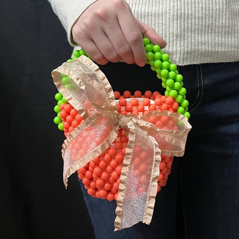 Fashionable Handmade Beaded Bag Contrasting Color Acrylic Beads Small Bucket Bag Belt Bow Decoration Evening Bag Sac A Main
Fashionable Handmade Beaded Bag Contrasting Color Acrylic Beads Small Bucket Bag Belt Bow Decoration Evening Bag Sac A Main