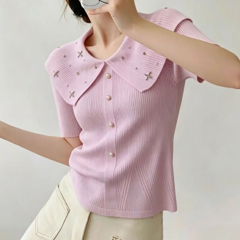 Knitted Sweater Women Pullovers New Summer Short Sleeve Doll Collar White Knit Sweater Pullover Women Tops Sueter Feminino Q4453
Knitted Sweater Women Pullovers New Summer Short Sleeve Doll Collar White Knit Sweater Pullover Women Tops Sueter Feminino Q4453