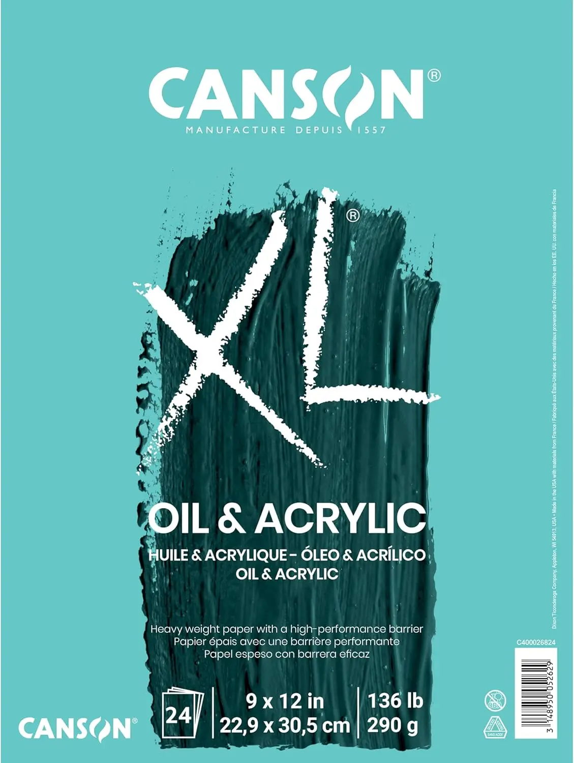 Oil & Acrylic Paper Pad, 9x12, 136lb, 24 Sheets, Canvas-Like
Oil & Acrylic Paper Pad, 9x12, 136lb, 24 Sheets, Canvas-Like