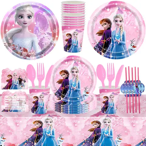 Frozen Birthday Decoration Pink Tableware Set Elsa Anna Cup Plate Napkin Frozen Birthday Balloons for Girls Kids Party Supplies