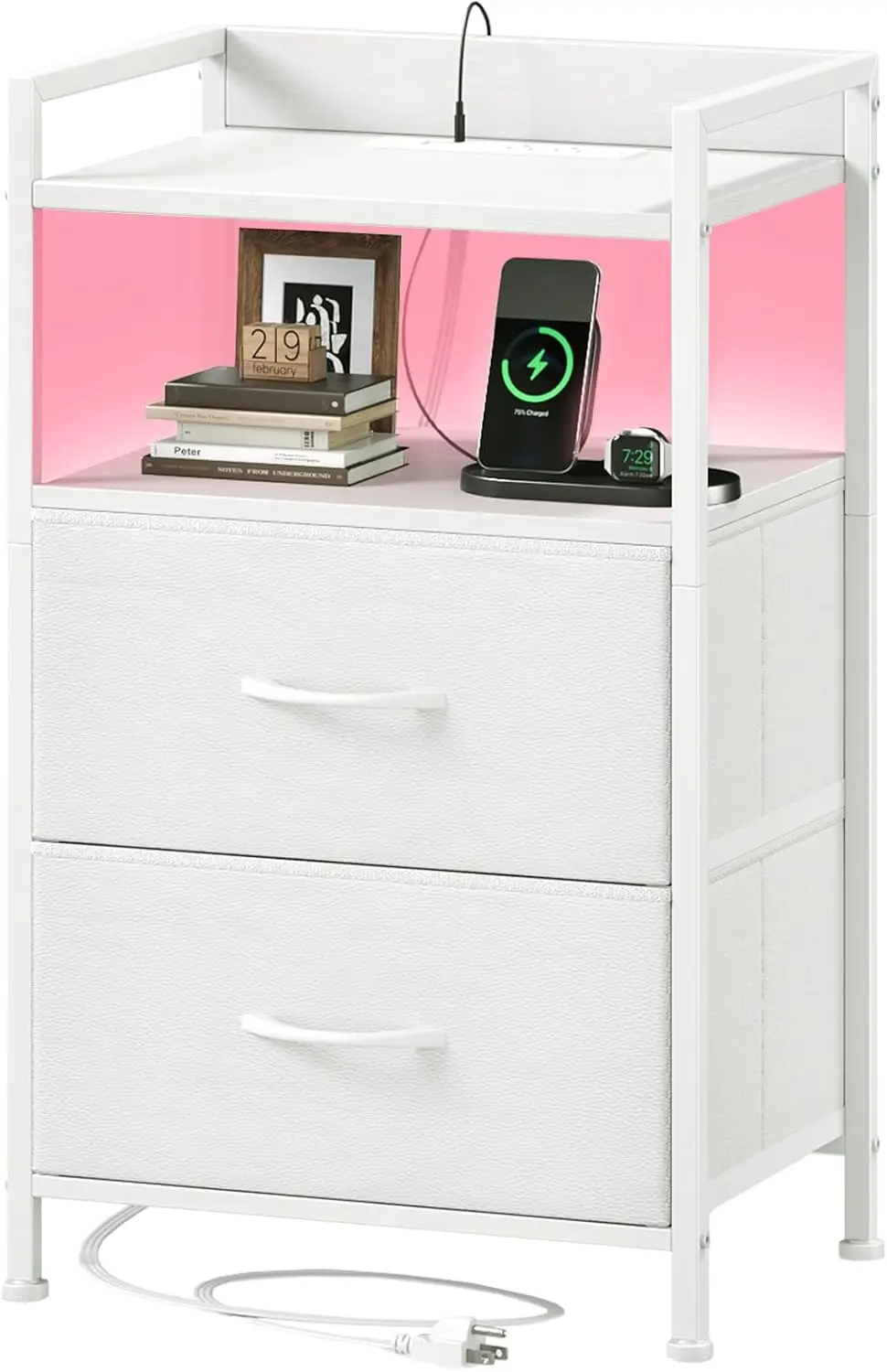 White Nightstand with Charging Station and LED Light for Bedroom, 2 Drawers Dresser with Fabric Bins for Bedside Kids Dorm Room
White Nightstand with Charging Station and LED Light for Bedroom, 2 Drawers Dresser with Fabric Bins for Bedside Kids Dorm Room