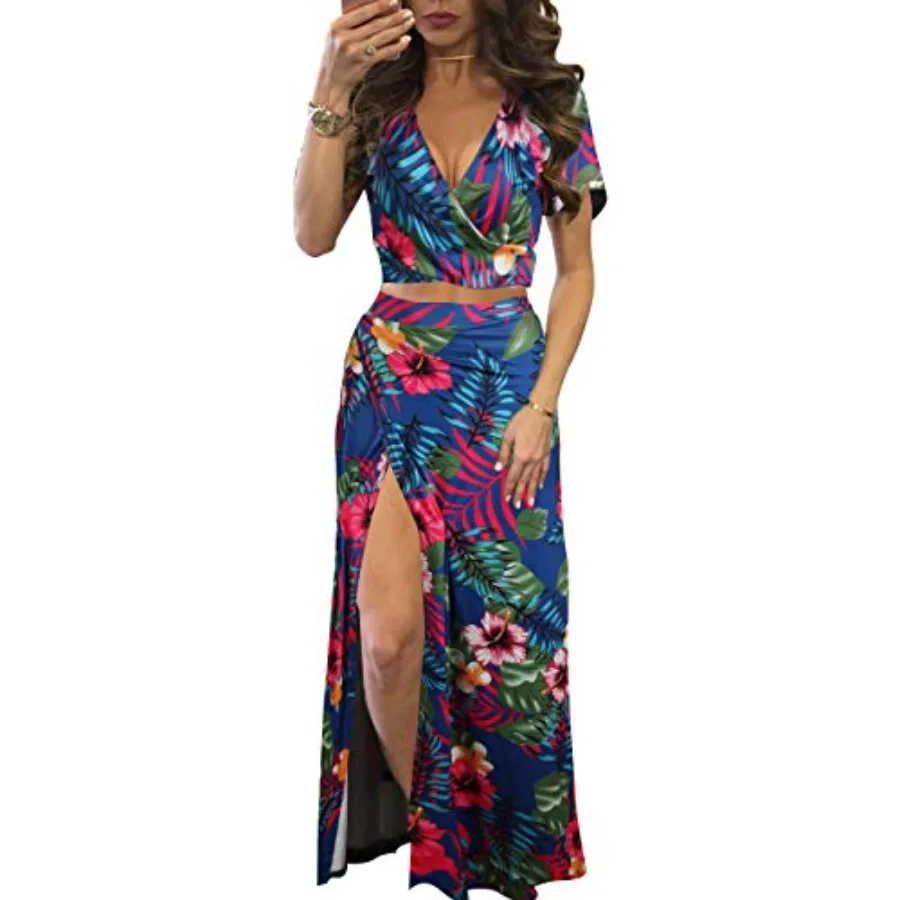Women Casual 2 Pcs Outfits Sexy V Neck Crop Top Boho Floral Print Beach High Split Maxi Dress Sets
Women Casual 2 Pcs Outfits Sexy V Neck Crop Top Boho Floral Print Beach High Split Maxi Dress Sets