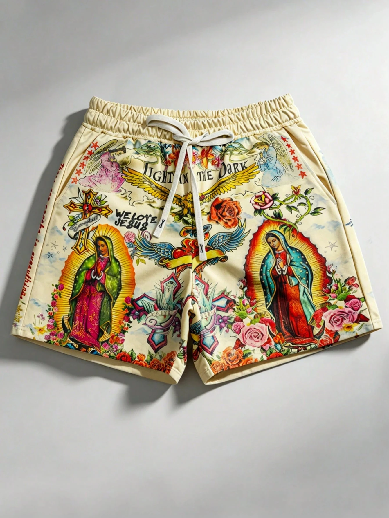 Men's Beige Shorts with All-Over Tattoo Print, Our Lady, Angel & Floral Motifs, Elastic Waist, Breathable Summer Bottoms
Men's Beige Shorts with All-Over Tattoo Print, Our Lady, Angel & Floral Motifs, Elastic Waist, Breathable Summer Bottoms