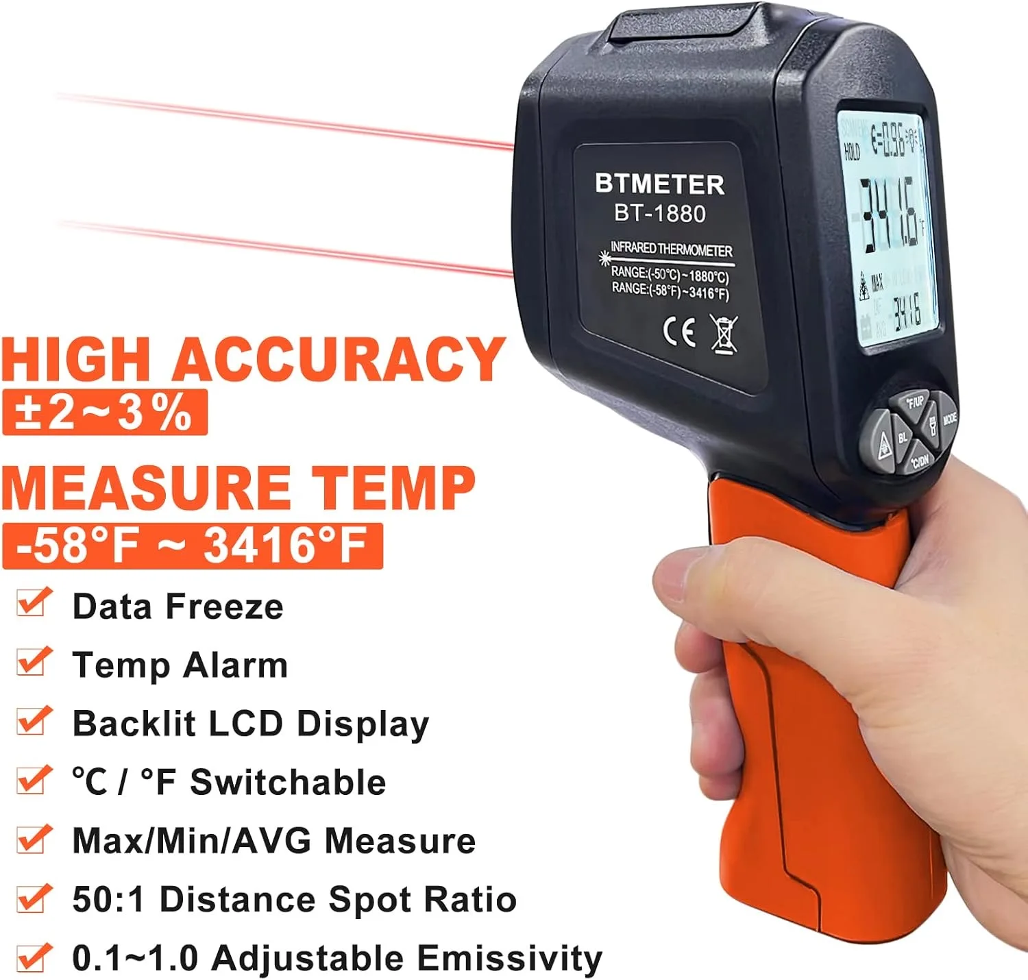 BTMETER Non-Contact Thermometer Gun, 50:1 Infrared Thermometer, Adjustable Emissivity, -122°F to 300°F, Ideal for HVAC
BTMETER Non-Contact Thermometer Gun, 50:1 Infrared Thermometer, Adjustable Emissivity, -122°F to 300°F, Ideal for HVAC