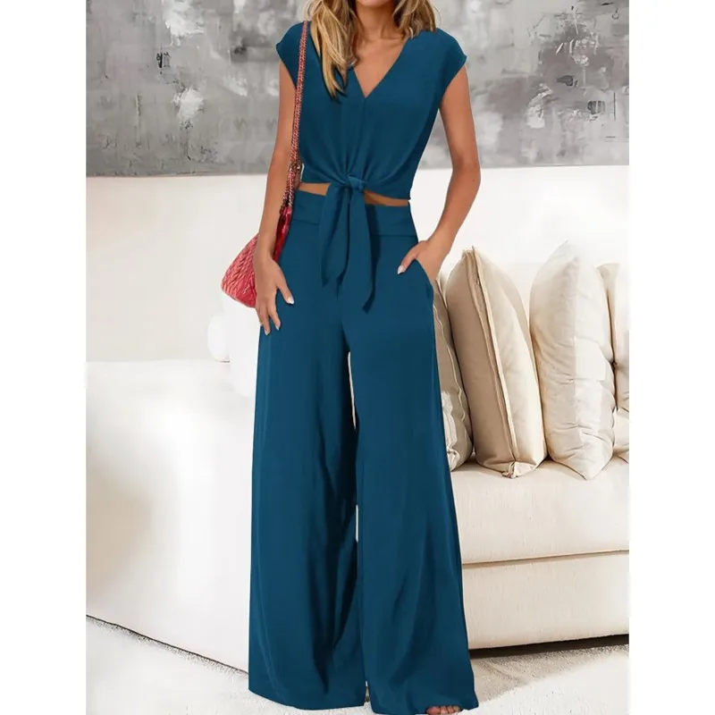 Summer Casual Long Pants Set Solid Color V-neck Lace Up Blouses With Pocket Loose Wide Leg Trousers 2 Piece Sets Elegant 2PCS
Summer Casual Long Pants Set Solid Color V-neck Lace Up Blouses With Pocket Loose Wide Leg Trousers 2 Piece Sets Elegant 2PCS
