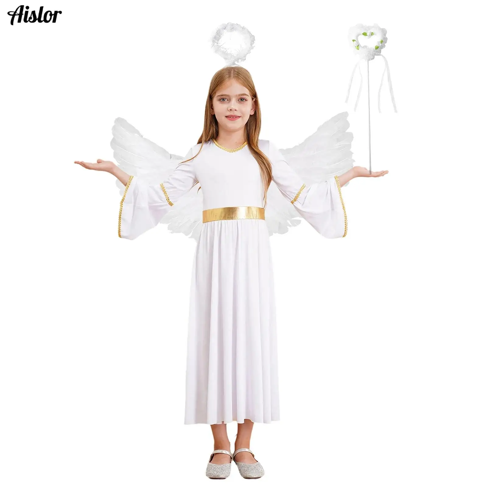 Girls Angel Dress Halloween Angel Cosplay Costume Sets Long Dress+Feather Wings+Headband+Fairy Sticks for Masquerade Performance
Girls Angel Dress Halloween Angel Cosplay Costume Sets Long Dress+Feather Wings+Headband+Fairy Sticks for Masquerade Performance