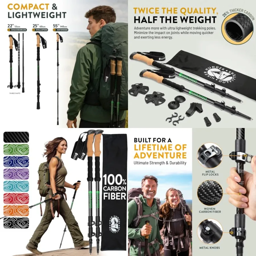 100 Carbon Fiber Trekking Poles by USA Brand Ultra Strong Lightweight Collapsible Hiking Poles with and Grips Quick Adjustable
100 Carbon Fiber Trekking Poles by USA Brand Ultra Strong Lightweight Collapsible Hiking Poles with and Grips Quick Adjustable