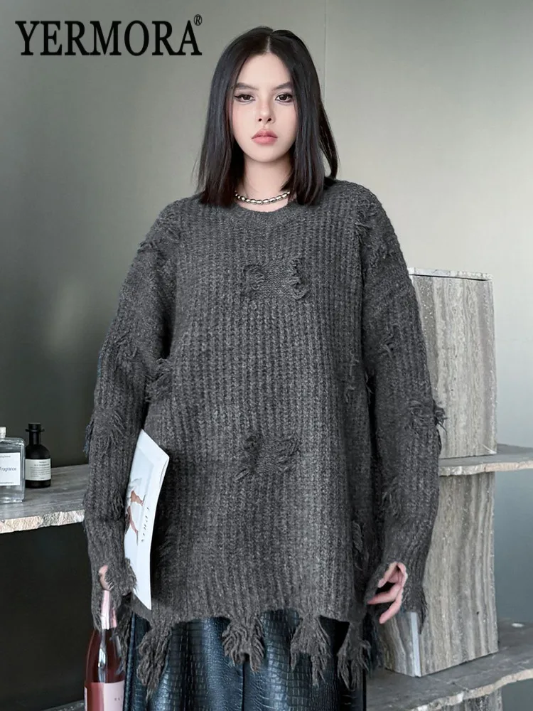 YERMORA Gray Hole Irregular Tassel Hem Knitting Pullover For Women O-Neck Long Sleeve Loose New Sweater Fashion Autumn Winter
YERMORA Gray Hole Irregular Tassel Hem Knitting Pullover For Women O-Neck Long Sleeve Loose New Sweater Fashion Autumn Winter