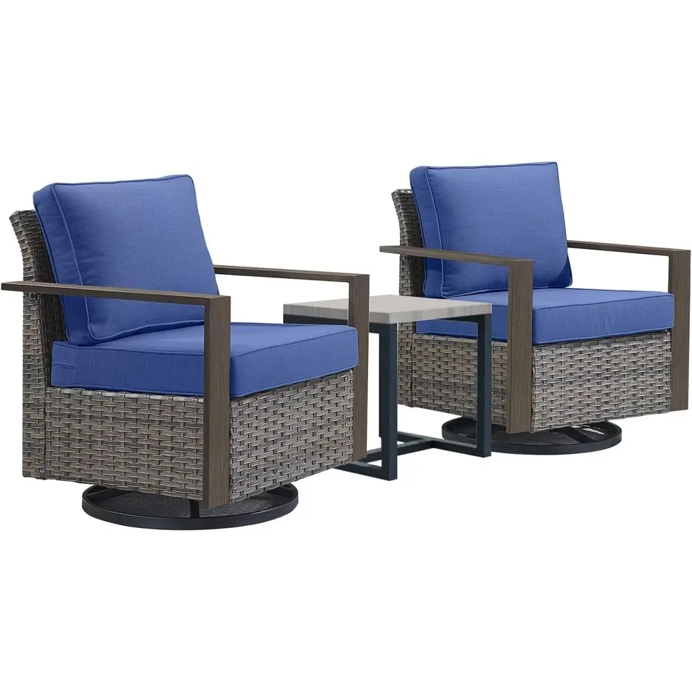 3-Piece Wicker Bistro Set with 2 Swivel Rocking Chairs and Metal Side Table, Thick Cushions, Mixed Grey/Blue
3-Piece Wicker Bistro Set with 2 Swivel Rocking Chairs and Metal Side Table, Thick Cushions, Mixed Grey/Blue