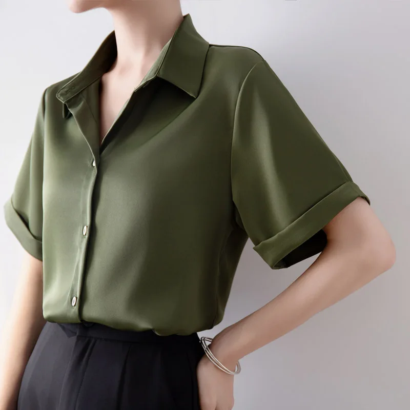 Summer Army Satin Women's Blouses 2025 New Single Breasted Short Sleeve Elagant Korean Office Lady Casual Loose Shirts Female
Summer Army Satin Women's Blouses 2025 New Single Breasted Short Sleeve Elagant Korean Office Lady Casual Loose Shirts Female