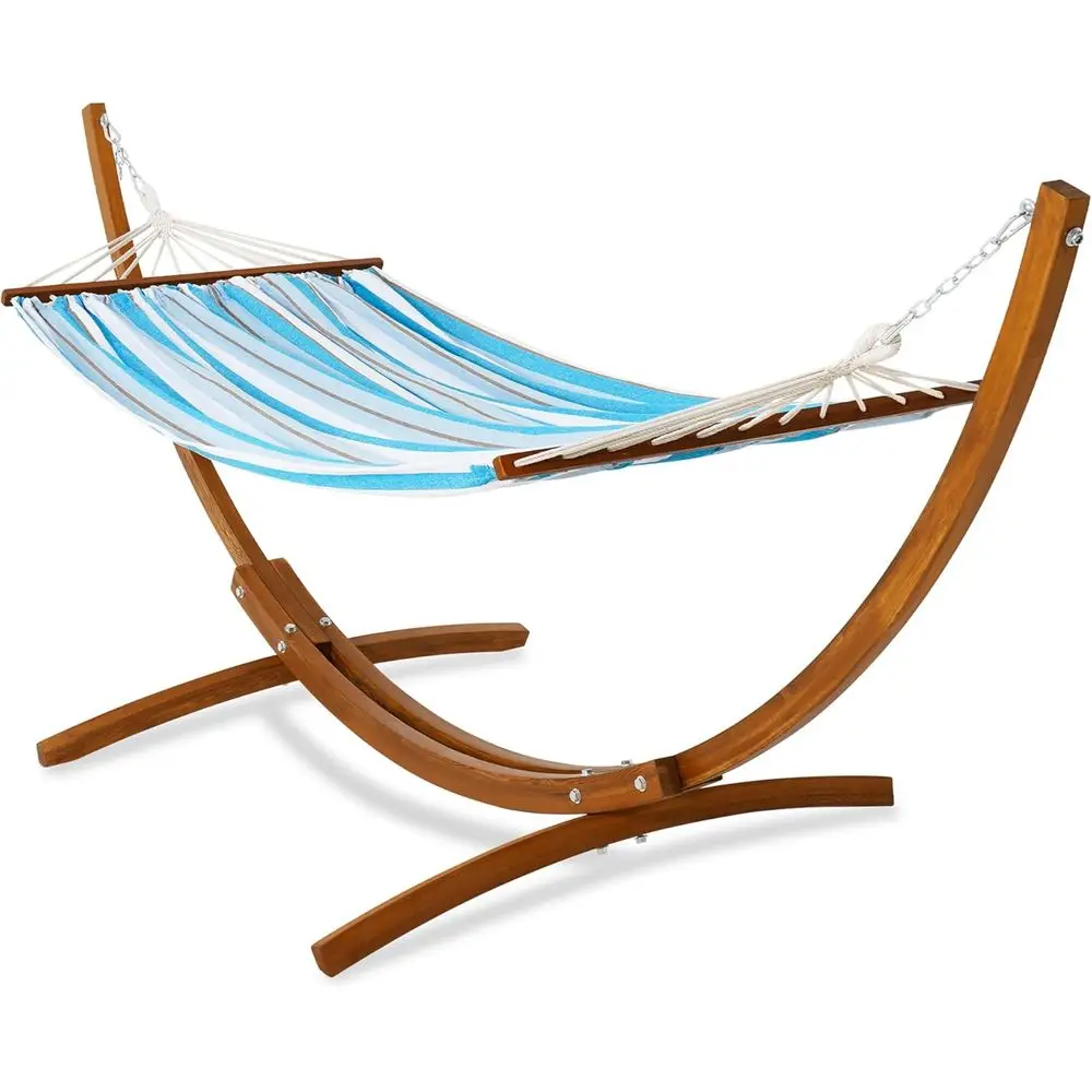 Blue and White 10.5 Ft Wood Arc Hammock Stand with Cotton Fabric Spreader Bar Hammock, Ideal for Indoor, Outdoor, Patio, Backyar
Blue and White 10.5 Ft Wood Arc Hammock Stand with Cotton Fabric Spreader Bar Hammock, Ideal for Indoor, Outdoor, Patio, Backyar