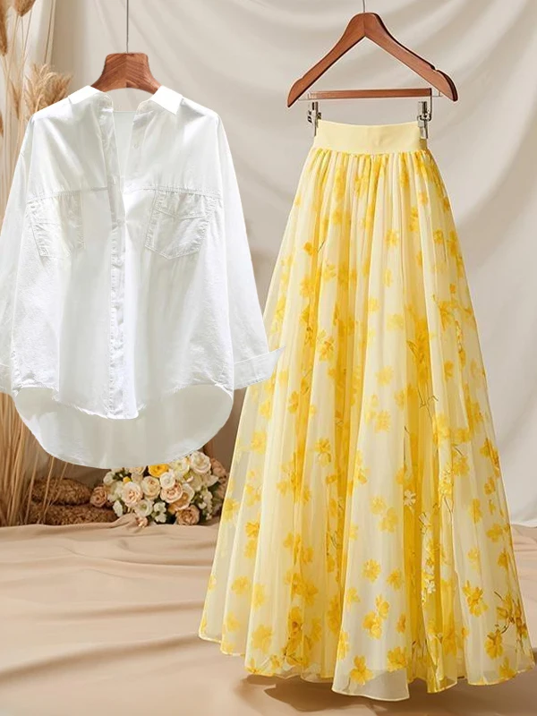 plus Size Floral Print A-Line Skirt Sun Protection Shirt Set Slimming High Waist Polyester Fabric Summer Collection for Women
plus Size Floral Print A-Line Skirt Sun Protection Shirt Set Slimming High Waist Polyester Fabric Summer Collection for Women
