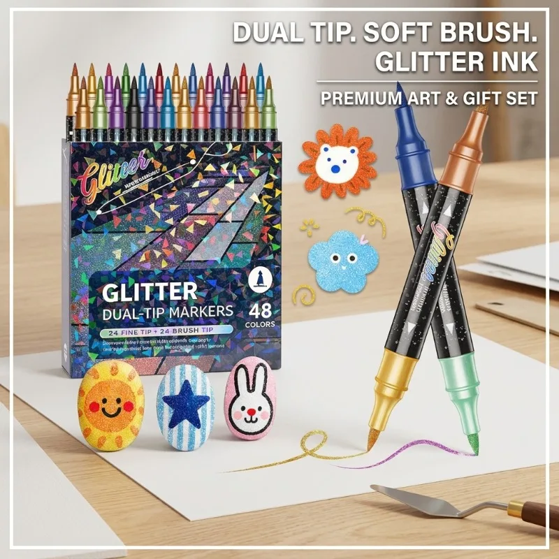 Dual End Two Tone Glitter Acrylic Marker Soft Tip Painting Graffiti Pen Gift Greeting Card Journal Doodle Art 24 Colors Set
Dual End Two Tone Glitter Acrylic Marker Soft Tip Painting Graffiti Pen Gift Greeting Card Journal Doodle Art 24 Colors Set