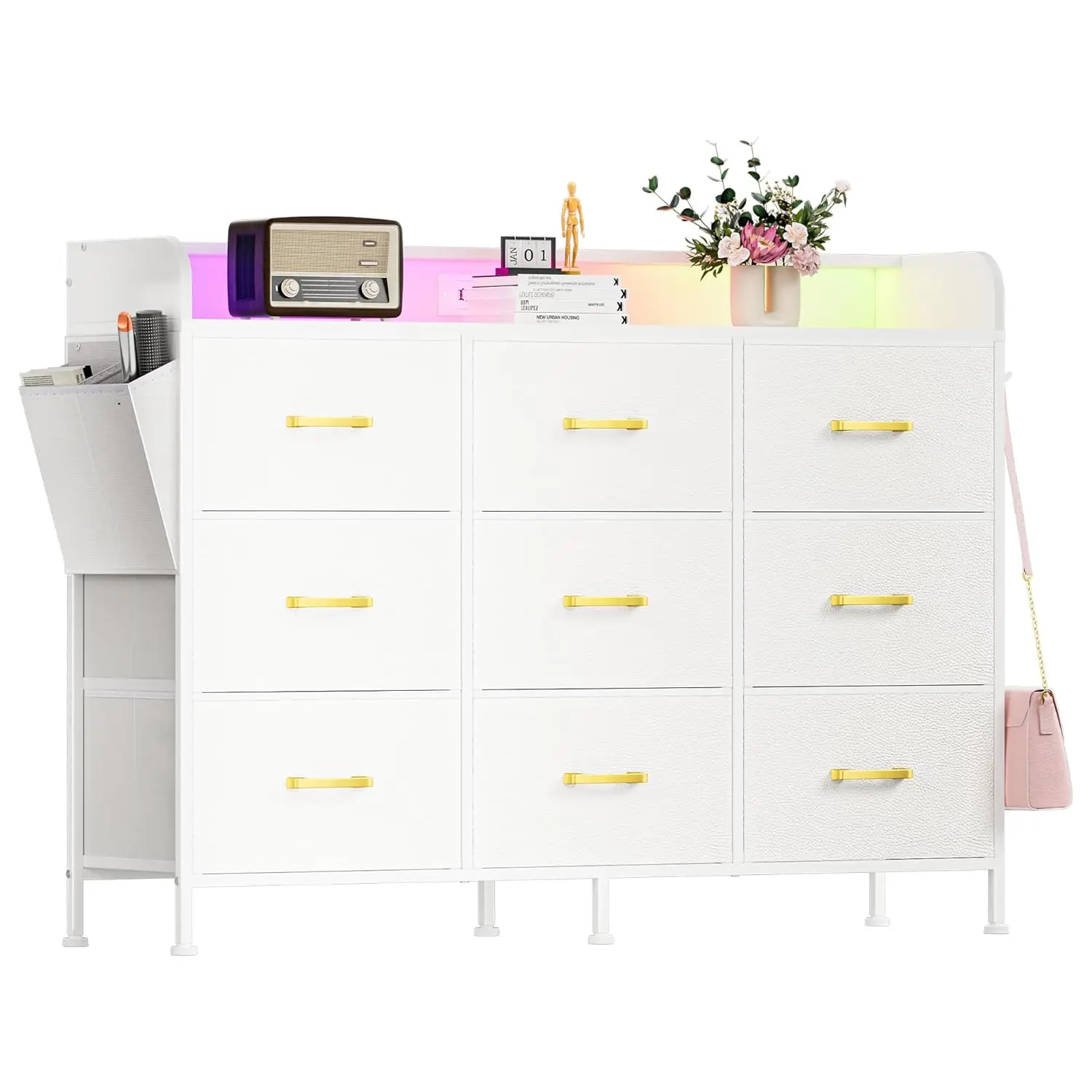 White 9-Drawer Dresser LED Light USB Charging Station Bedroom Fabric Storage TV Stand 55in, Customized
White 9-Drawer Dresser LED Light USB Charging Station Bedroom Fabric Storage TV Stand 55in, Customized