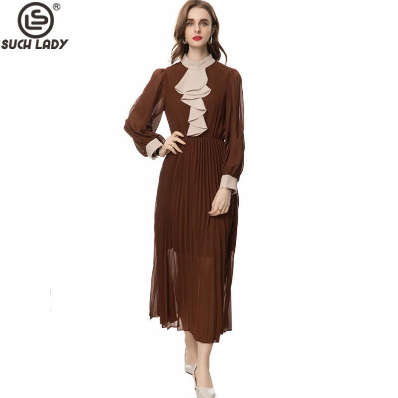 Women's Runway Dresses Stand Collar Long Sleeves Ruffles Pleated Elegang Mid Casual Vestidos
Women's Runway Dresses Stand Collar Long Sleeves Ruffles Pleated Elegang Mid Casual Vestidos