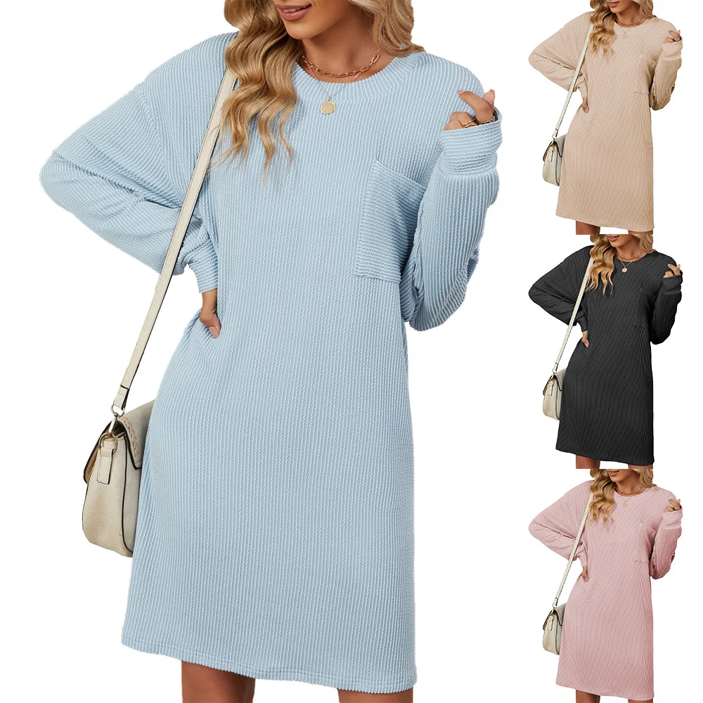 Autumn and Winter Crew Neck Striped Pocket Loose Long Sleeve Casual Dress Women
Autumn and Winter Crew Neck Striped Pocket Loose Long Sleeve Casual Dress Women