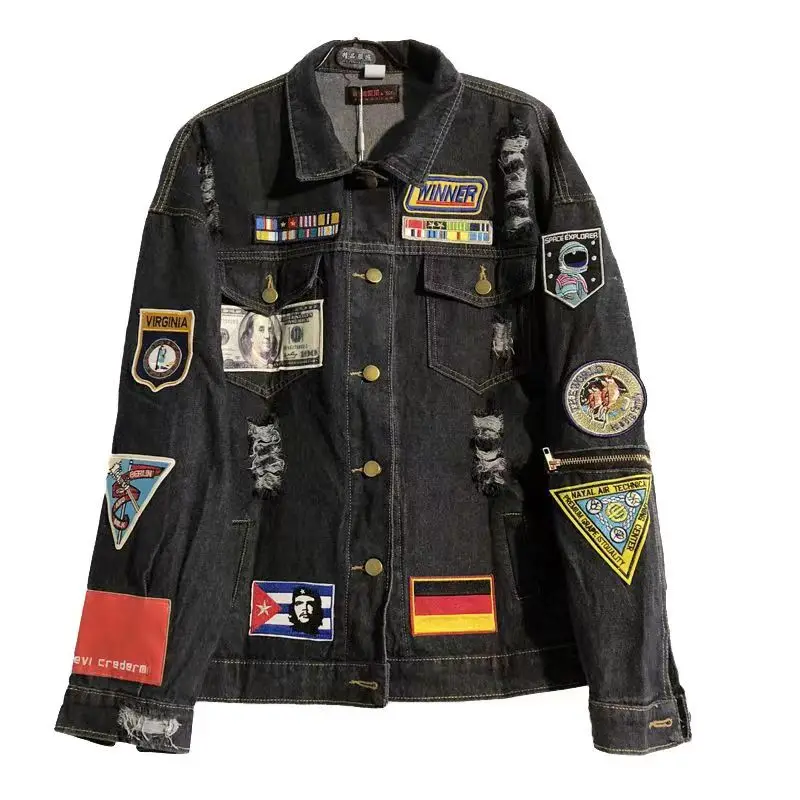 Fashion Patch Denim Jacket Coat Men Vintage Ripped Distressed Lapel Button Down Jean Jackets for Women Casual Loose Outwear
Fashion Patch Denim Jacket Coat Men Vintage Ripped Distressed Lapel Button Down Jean Jackets for Women Casual Loose Outwear