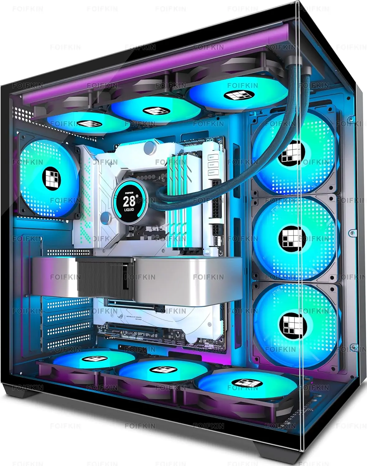 ATX Mid-Tower Gaming PC Case, 270° Panoramic Glass, Pre-Installed 7 PWM ARGB Fans, Type-C, Black
ATX Mid-Tower Gaming PC Case, 270° Panoramic Glass, Pre-Installed 7 PWM ARGB Fans, Type-C, Black