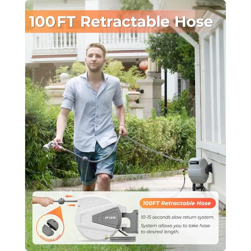 Retractable Garden Hose Reel,5/8 in x 100 FT Wall Mounted Hose Reel, with 9- Function Sprayer Nozzle, Any Length Lock/Slow Retu
Retractable Garden Hose Reel,5/8 in x 100 FT Wall Mounted Hose Reel, with 9- Function Sprayer Nozzle, Any Length Lock/Slow Retu