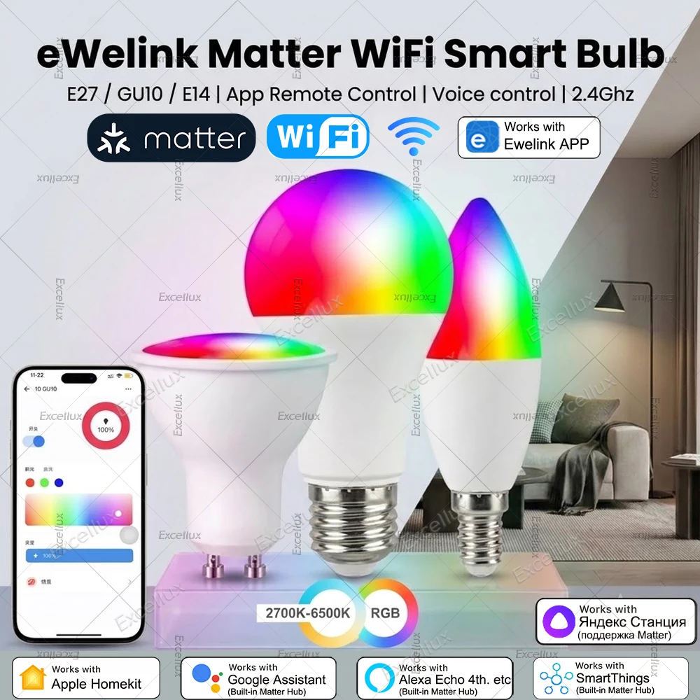 Matter WiFi Smart LED Bulb E27/GU10/E14 Dimmable RGBCW Smart Led Lamp Compatible with eWeLink App Siri Alexa Google Yandex Alice
Matter WiFi Smart LED Bulb E27/GU10/E14 Dimmable RGBCW Smart Led Lamp Compatible with eWeLink App Siri Alexa Google Yandex Alice