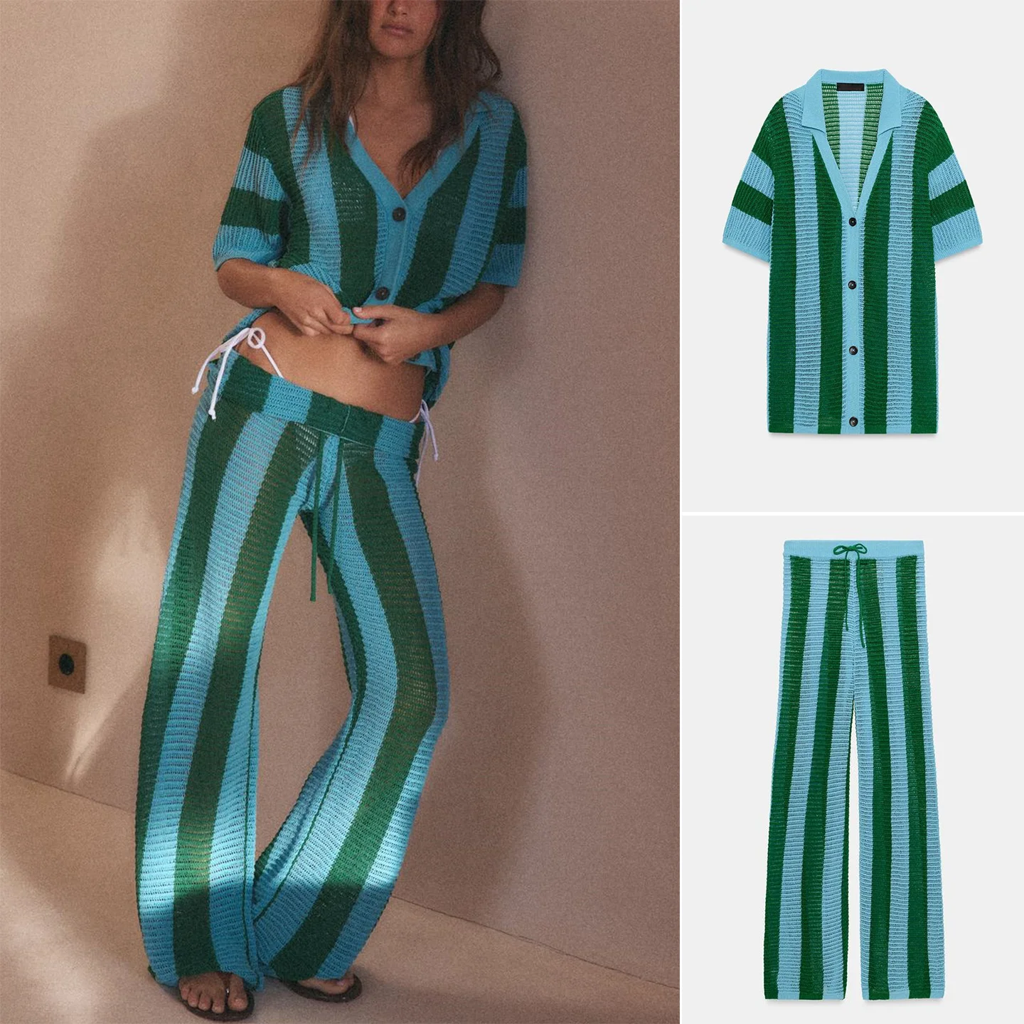 Women's Knitted Short Sleeve V-Neck Striped Shirt High Waist Elastic Waist Straight Leg Pants Summer Fashion Set
Women's Knitted Short Sleeve V-Neck Striped Shirt High Waist Elastic Waist Straight Leg Pants Summer Fashion Set