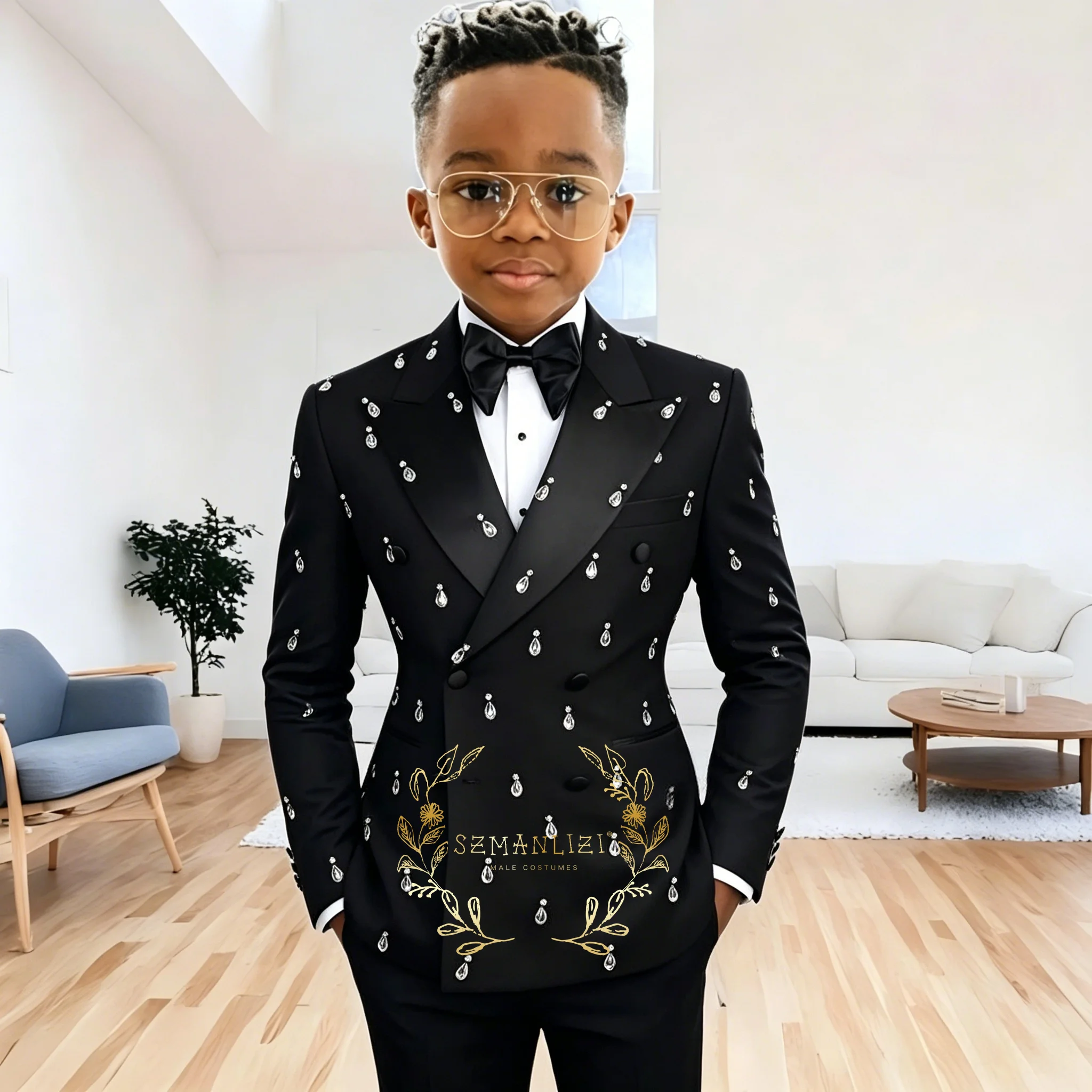 Boy's Suits 2 Pieces Black Beads Crystals Slim Fit Double Breasted Boy's Outfit Wedding Party Flower Children Sets(Blazer+Pants)
Boy's Suits 2 Pieces Black Beads Crystals Slim Fit Double Breasted Boy's Outfit Wedding Party Flower Children Sets(Blazer+Pants)