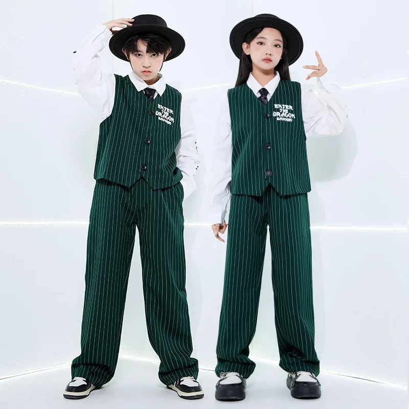 Child Jazz Dance Outfit Green Stripes Suit Vest Pants Hiphop Dance Streetwear for Boys Girls Performance Clothing
Child Jazz Dance Outfit Green Stripes Suit Vest Pants Hiphop Dance Streetwear for Boys Girls Performance Clothing