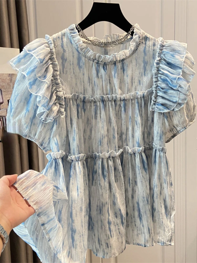 French Sweet Blouses Ruffles Patchwork Short Sleeve Tie Dye Summer Preppy Style Shirts Casual Loose All Match Women's Clothing
French Sweet Blouses Ruffles Patchwork Short Sleeve Tie Dye Summer Preppy Style Shirts Casual Loose All Match Women's Clothing