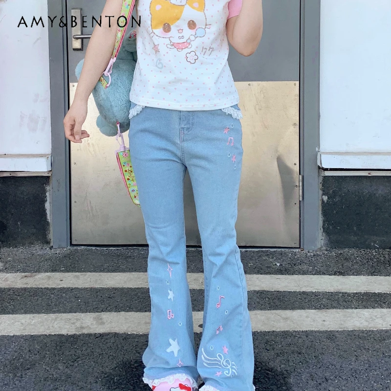 Japanese New Blue Musical Note Star Embroidery Women's Jeans Original Sweet Lace Edge Slimming Versatile Flared Pants Ladies
Japanese New Blue Musical Note Star Embroidery Women's Jeans Original Sweet Lace Edge Slimming Versatile Flared Pants Ladies