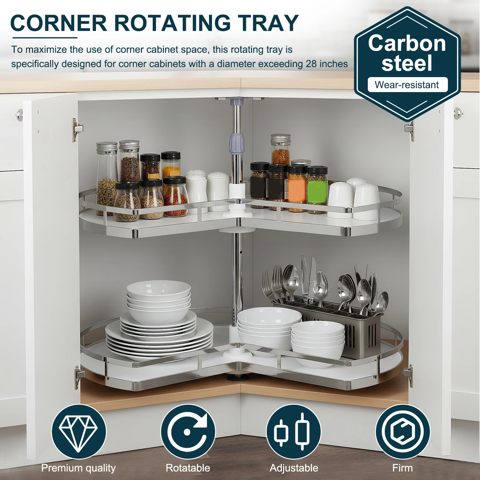 Двухуровневая вращающаяся подставка Lazy Susan с регулируемой высотой, хромированная, для углового шкафа, для кухонной полки (не крепится к двери)
Двухуровневая вращающаяся подставка Lazy Susan с регулируемой высотой, хромированная, для углового шкафа, для кухонной полки (не крепится к двери)