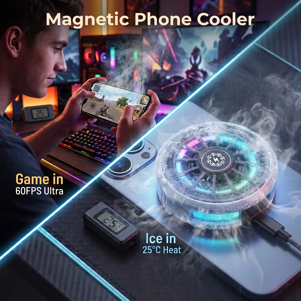 Phone Cooler 2in1 Magnetic Back Clip Semiconductor Cooling Fan Fast Freeze RGB Aluminum Fin Mobile Phone Fan Heat Dissipation
Phone Cooler 2in1 Magnetic Back Clip Semiconductor Cooling Fan Fast Freeze RGB Aluminum Fin Mobile Phone Fan Heat Dissipation