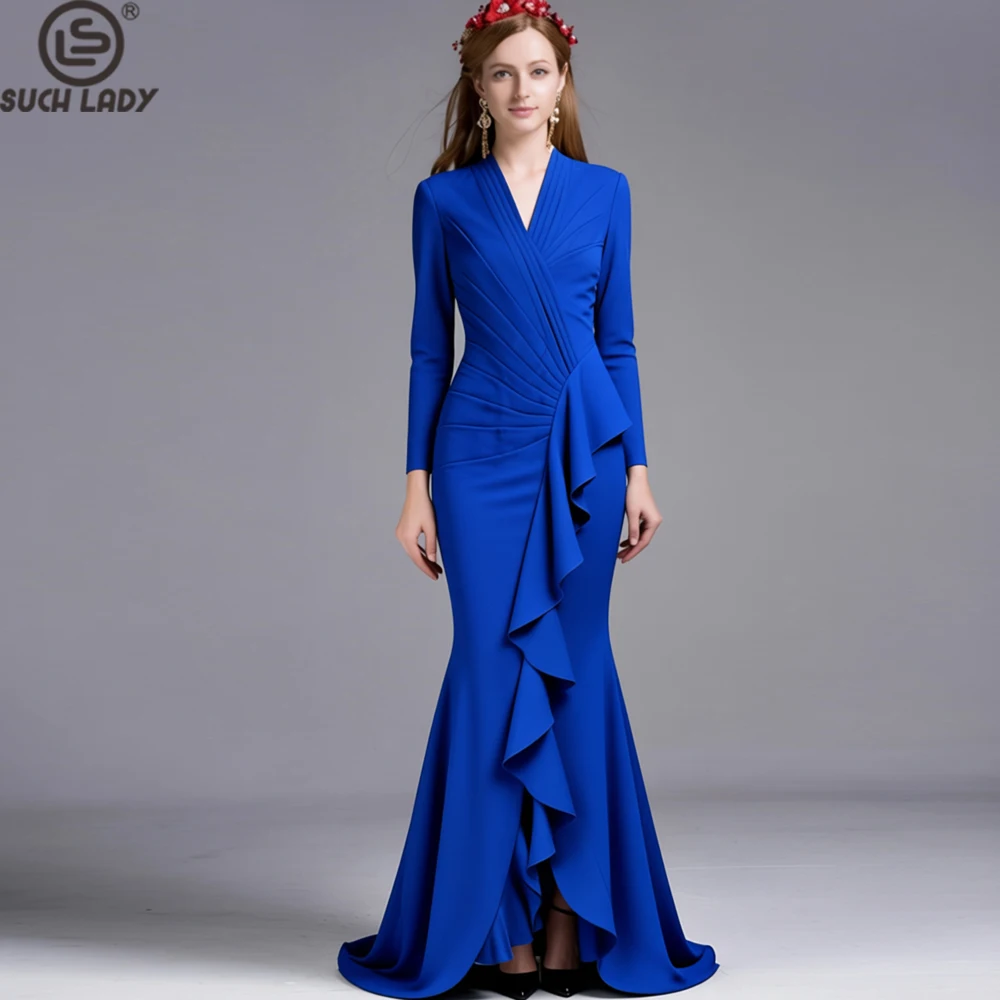 Elegant Royal Blue Long Sleeve Maxi Gown with V-Neck Pleated Ruffle Detail, Floor Length Evening Dress Ocassions Vestidos
Elegant Royal Blue Long Sleeve Maxi Gown with V-Neck Pleated Ruffle Detail, Floor Length Evening Dress Ocassions Vestidos