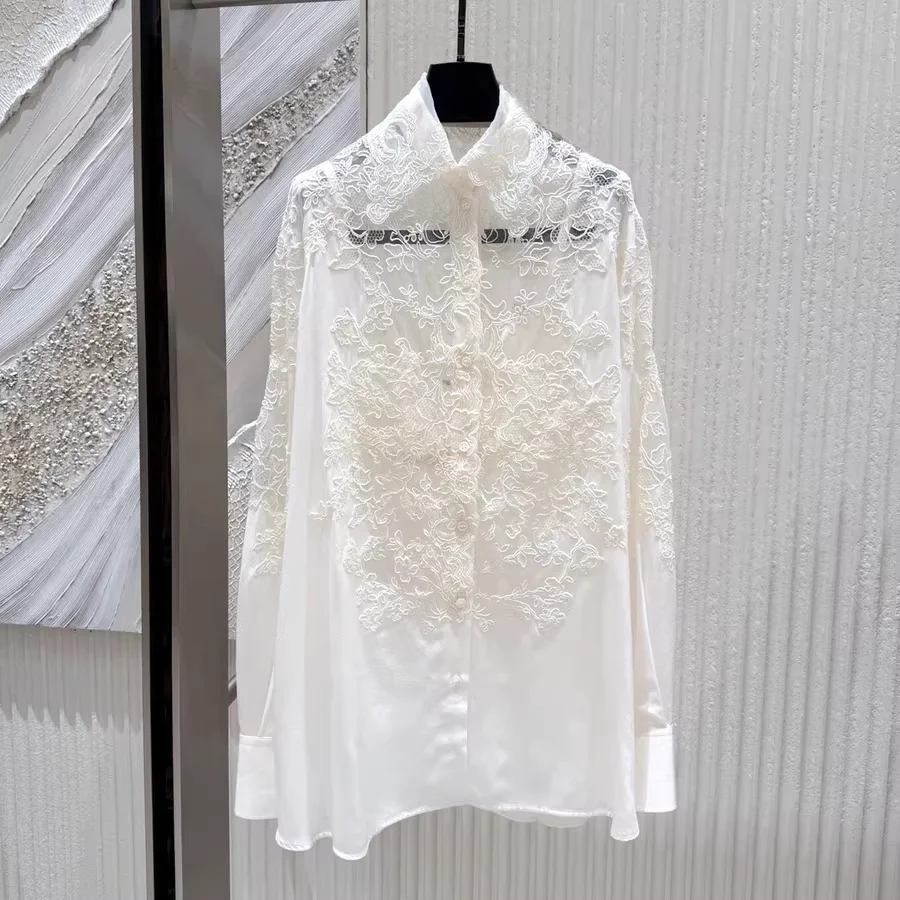 Sexy Women's Transparent Lace Shirt Fashion Ladies White Silk Blouse Elegant Embroidered Top
Sexy Women's Transparent Lace Shirt Fashion Ladies White Silk Blouse Elegant Embroidered Top