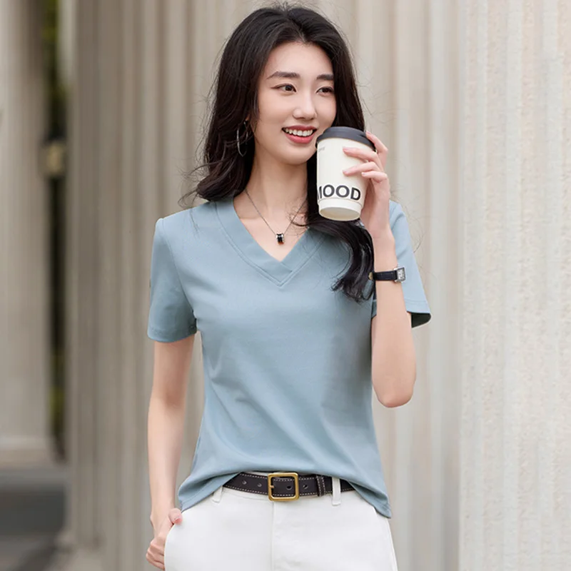 New Women Chic Basic Blue gray T-shirt Summer Fashion V-Neck Short Sleeve Loose T-shirt Casual Simplicity Easy match T-shirt
New Women Chic Basic Blue gray T-shirt Summer Fashion V-Neck Short Sleeve Loose T-shirt Casual Simplicity Easy match T-shirt