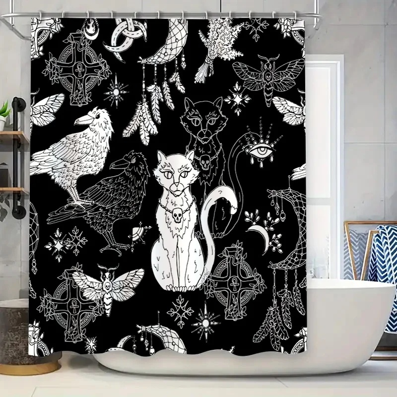 Cat Gothic Black White Shower Curtain for Bathroom Decor Witches Cats, Birds, and Moth Design with Moon Cross Symbolism
Cat Gothic Black White Shower Curtain for Bathroom Decor Witches Cats, Birds, and Moth Design with Moon Cross Symbolism