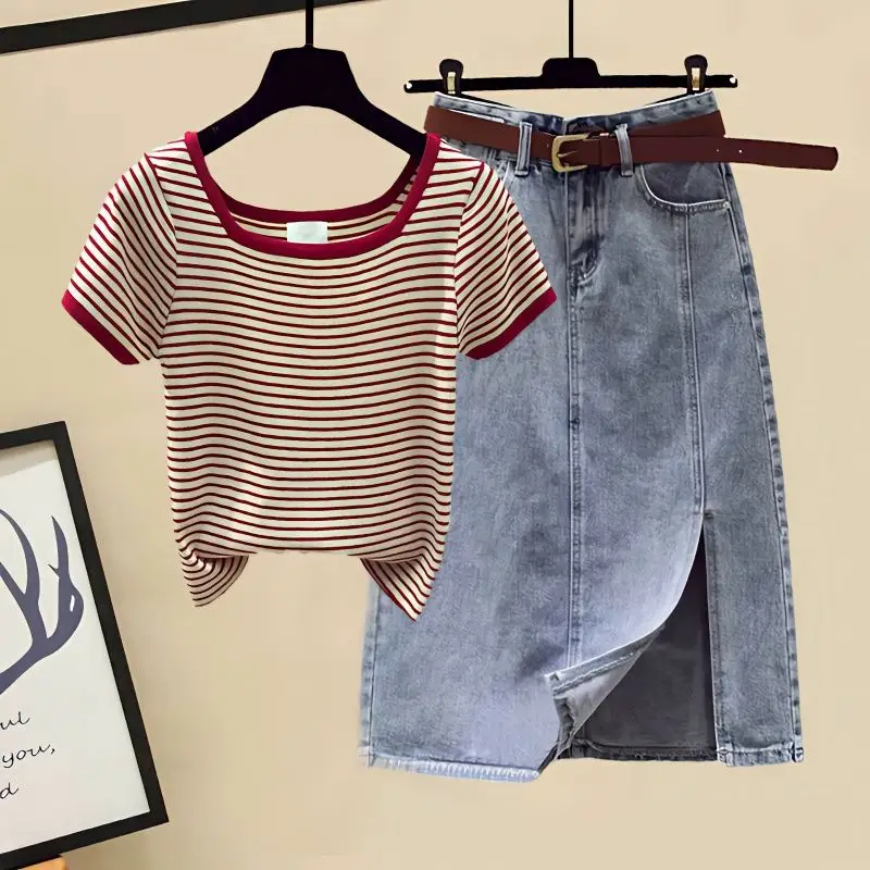Two Piece Set Stripe Tshirt and High Waist Denim Skirts Women Casual Suits Female Skirt Sets 2 Piece Set Womens Outfits Q72
Two Piece Set Stripe Tshirt and High Waist Denim Skirts Women Casual Suits Female Skirt Sets 2 Piece Set Womens Outfits Q72
